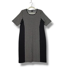 Carlisle Sheath Dress Illusion Panels Flattering Black White Print Elbow Slv XL