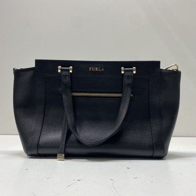 Furla Black Saffiano Leather Medium Tote Satchel Bag Gold Hardware