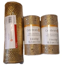 Celebrate It Christmas Gold 2 Tulle 6" X 8 yds & 1 Mesh 19 Ft.  Un-opened Taiwan