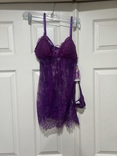 Shirley of Hollywood Purple Lace Trim Sheer Babydoll Lingerie Nightie USA Sz M