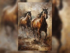 Spirit Unbridled: Majestic Horses Oil Painting Print 5" x 7"