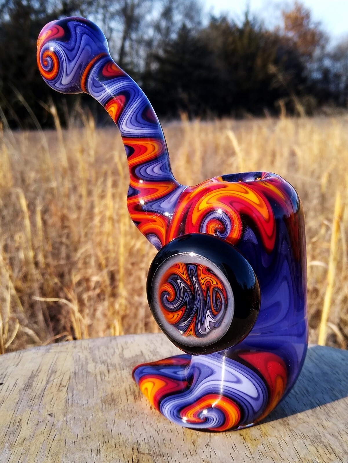 Purple Fire Linework Glass Tobacco Stand Up Sherlock Wave Pipe