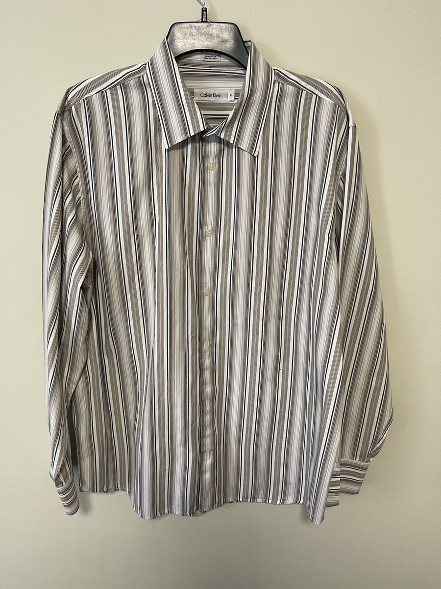 Calvin Klein Mens Dress Shirt Size XL Long Sleeve Button Up White/brown/  Striped