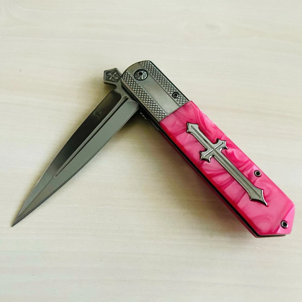 9” Pink Pearl Cross Tactical Spring Assisted Folding Pocket Knife Girl’s Knife - Image 3 of 4