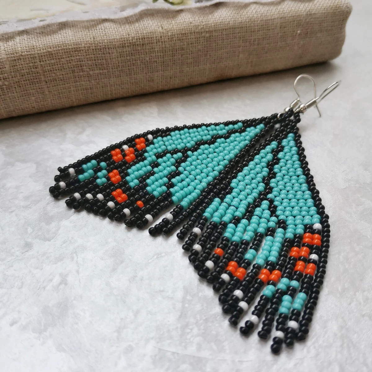 Long beaded fringe earrings Dangle Butterfly wings Handmade