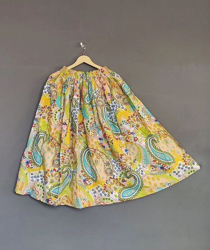 Cotton Beige Paisley Printed Skirt Indian Women's Clothing Skirt Partywear Skirt
