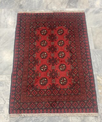 Original Afghan Turkmenisch Bokhara Handgeknüpft Rot & Schwarz Wolle Vorleger 86x119cm