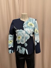 Linda Allard for Ellen Tracy Floral Jacket Blazer Navy Blue Zip Front Size 8