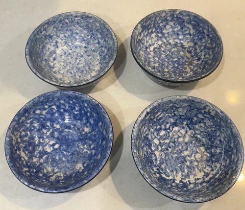 Stangl Town & Country Blue Bowls 5.5" Set of 4 Spongeware Hand Painted Vintage