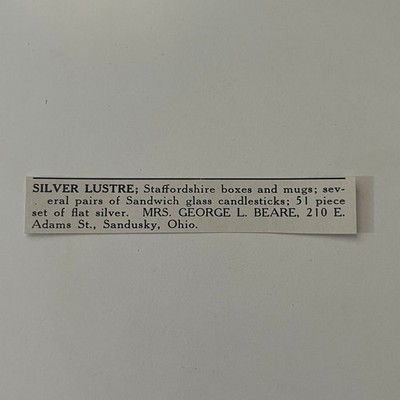 Silver Lustre Mrs. George L. Beare Sandusky OH 1927 Ad SAJ4-S35