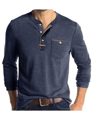 Henley T-Shirt Langarm Herren Tshirt Rollkragen geknöpft T-Shirt