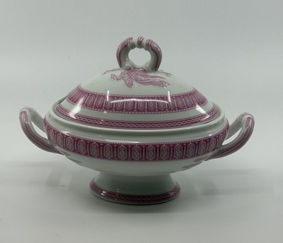 Transferware Style Pink Sauce Tureen Greek Key Border  9 Inch 