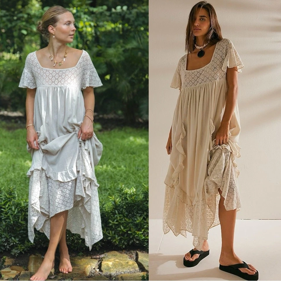 Free People Ethereal Bohemian Bring The Romance Midi Maxi Dress Neutral Large  - Image 2 of 4