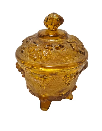 Vintage Jeanette Glass Footed Candy Dish with Lid Grapes & Leaves Amber