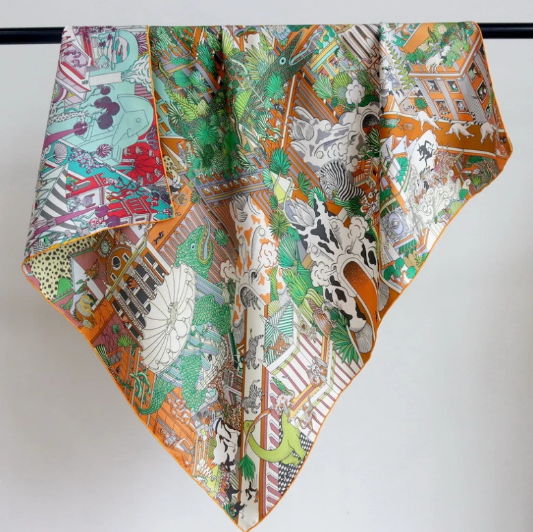 18 Momme Twill Silk Shawl city Print 35'' Bandanna Scarf Neckerchief Square Wrap