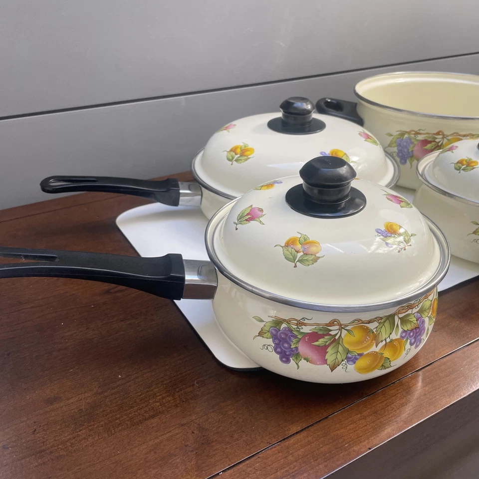 Panelas de esmalte de frutas vintage 7 peças panelas retrô tampas alça de cozinha anos 70 cm adereço - Imagem 2 de 4