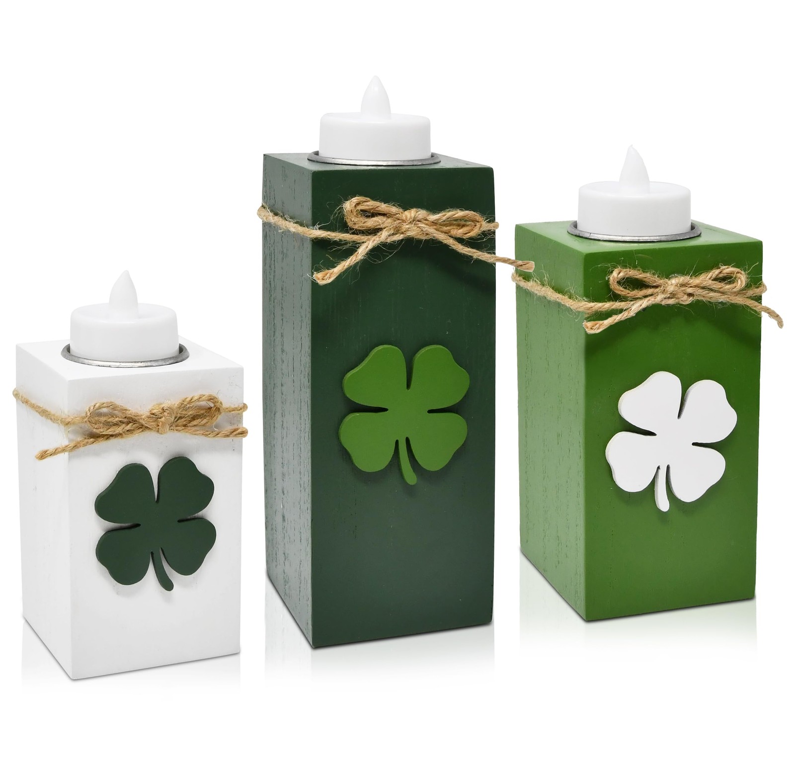 S Set Of 3 Wooden Led Lights Tealight Holder Gree