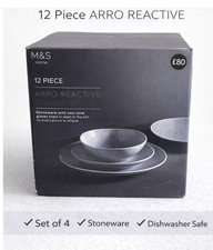 M&S Home 12 Piece Argo Reactive Dinner Set Grey Stoneware | RRP £80