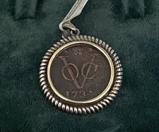 Antique History 1734 N INDIES VOC 1 DUIT COIN PENDANT MARKED OCM  925 & 14 KT
