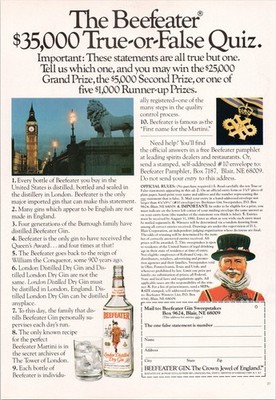 Beefeater London Distilled Dry Gin 1981 Vintage Print Ad Martini Quiz