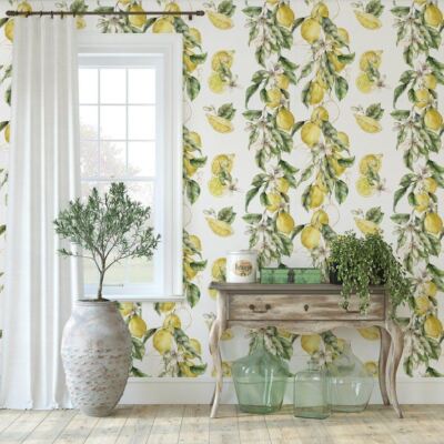 Ecological White and Yellow Lemons Wallpaper in Paper Sheets Made in Italy