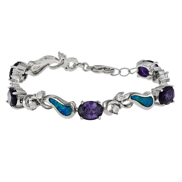6CT Amethyst & Australian Opal Inlay 925 Sterling Silver Tennis Bracelet OB5