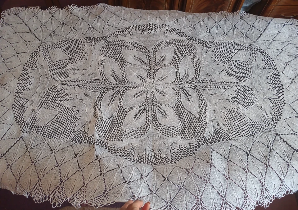 Hand Knitted Tablecloth 81″ Cotton Handmade Lace Doily - Image 2 of 4