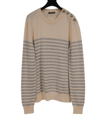 Balmain Glitter Stripped Sweater Large Cream Silver Wool Viscose Shoulder Button