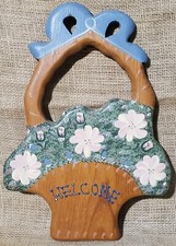 Hand Painted WELCOME sign Wood Flower Basket Shaped Hanging Wall Clock 14"x10"