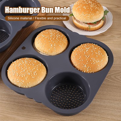 4/8 Hole Hamburger Bun Mold Non-Stick Silicone Kitchen Tool Baking Bread Pan Kit