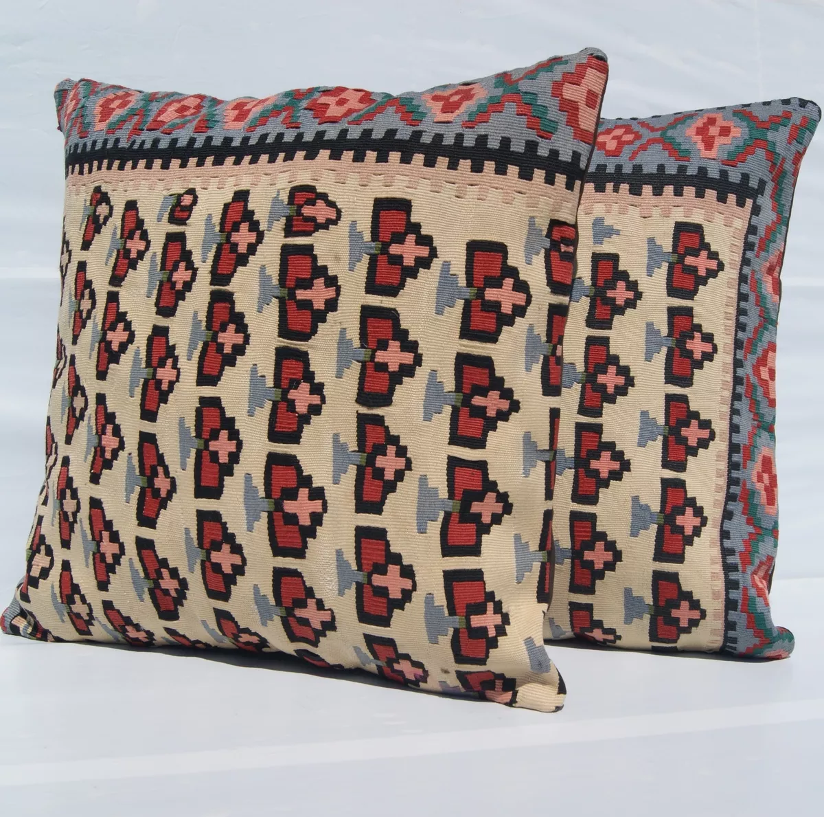 FLAT WOVEN PILLOWS KURDISH SENNEH KILIM BEIGE SQUARE WOOL 30 AREA