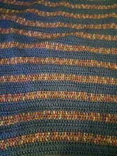 HANDMADE CROCHETED BABY BLANKET BLUE WITH MULTI COLOR PATTERN 40"LONG 36" WIDE