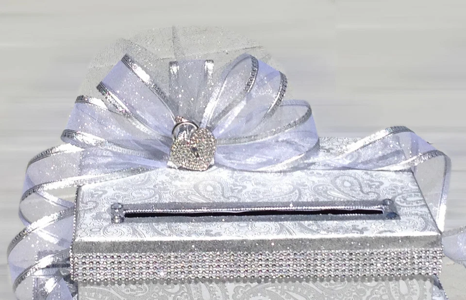 Caja de tarjetas de boda, blanco, decoración de boda, dos niveles, personalizado, plata, tiene capacidad para 80 tarjetas Foto 4 de 4