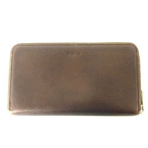 Furla Long Wallet Round Zipper Leather Plain Brown Used - Picture 1 of 8