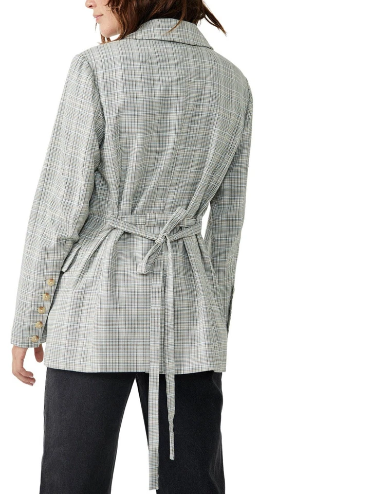 Free People Plaid Check Blazer Womens XS Grey Double Breasted Belted Oversized - Image 2 of 4