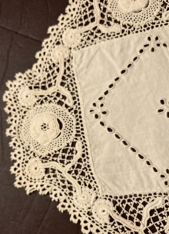 Antique Square Irish Crochet Lace Offwhite Beautiful Doily