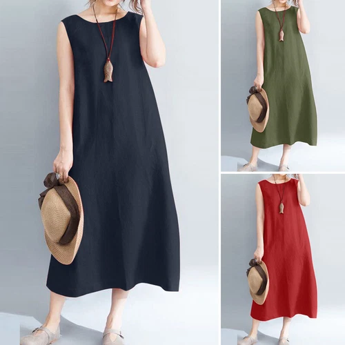 Langes ärmelloses Baumwoll-Leinen-Damenkleid Sommer Strand Freizeit Kaftan Kleid - Bild 2 von 17