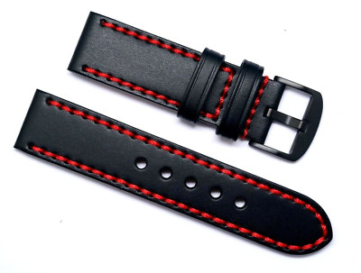 26mm Black/Red HQ Leather Men Watch Band Black Tone Buckle - Invicta 26 & Others