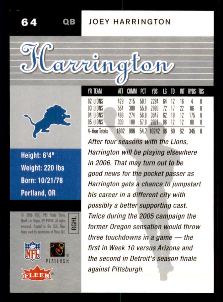 2006 Ultra #64 Joey Harrington Detroit Lions - Image 2 of 2