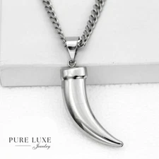 Men's Stainless Steel,Wolf fang Pendant 20" Cuban Curb Chain High Polish BOX