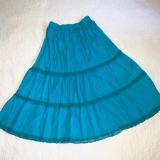 Vintage 70s Womens skirt size S M turquoise pin tuck cotton lace Mexican boho