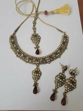 Indian Jewelry Set- Gold and Brown- Necklace, Earrings, and Tikka