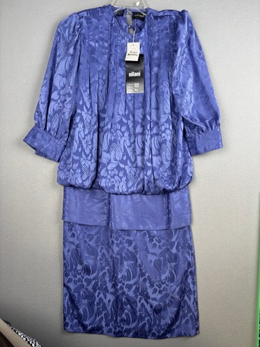Vintage Nilani Dress Women’s 9/10 Blue Drop Waist Polyester Print 1980s 3564