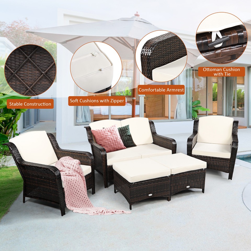 Costway 5PCS Patio Rattan Furniture Set Loveseat Sofa Ottoman Off White
