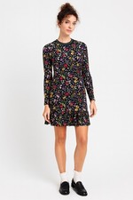 Zara Peplum Dress Size M Black Floral Varsity cuffs Long Sleeve Ruffle Hem