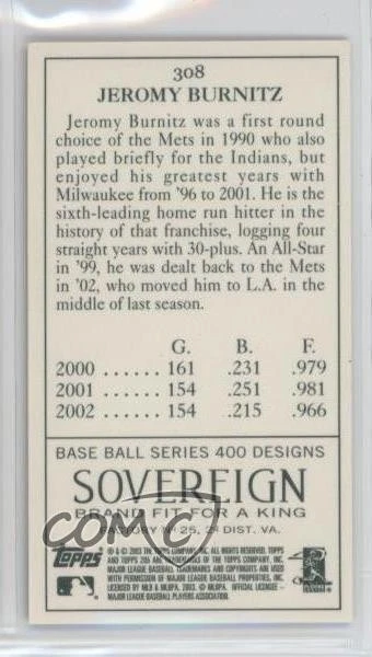 2003 Topps 205 Sovereign Back Mini Black Jeromy Burnitz #308 - Image 2 of 2