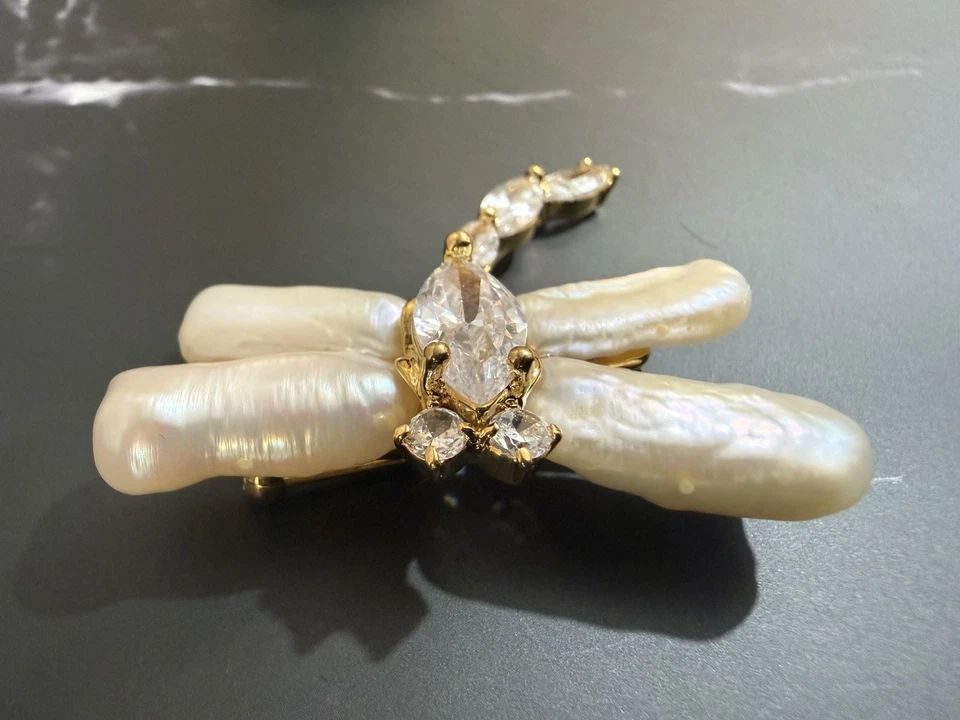 *RARO* - Broche Libélula Perla Barroca Oro Vermeil 933 Plata Firmado AR CZ Prendedor Foto 3 de 4