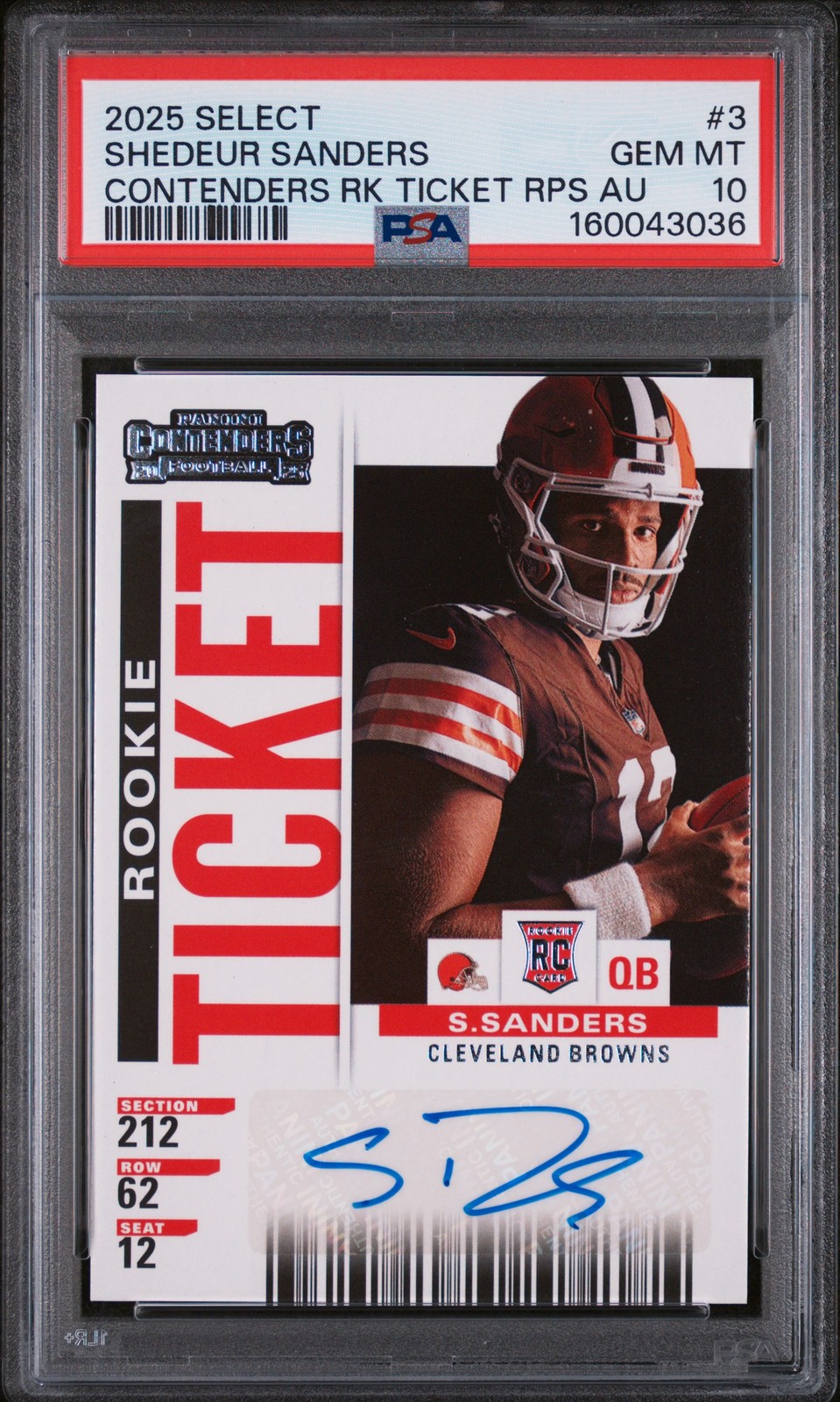 2025 PANINI SELECT CONTENDERS ROOKIE TICKET RPS AUTO SHEDEUR SANDERS RC PSA 10