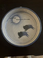Signed Mel Cornshucker Cherokee Pottery Dish / Bowl Flying Buffalos & Moon 9.5"