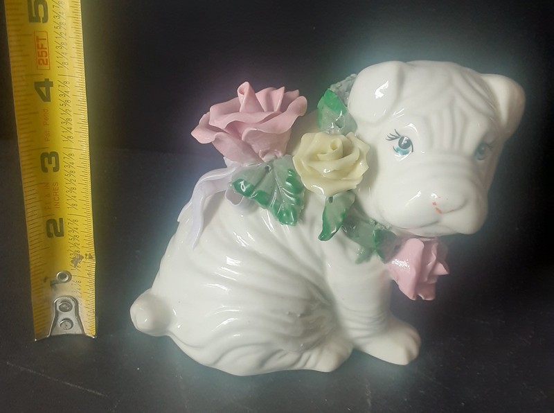 Dog Shar Pei Figurine Porcelain White With Pink Flowers Around Neck MCM Vintage